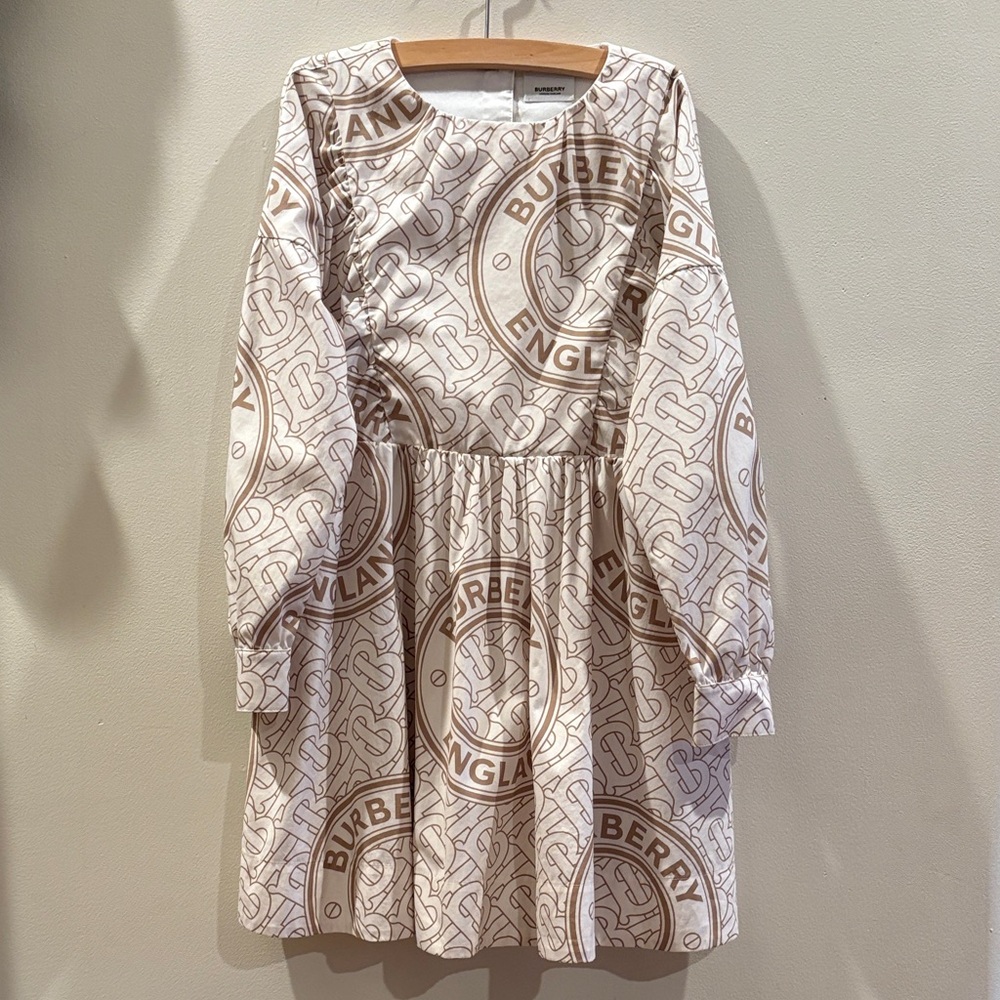 Burberry 10 Girls Youth Cream & Tan Logo-Print Long Sleeve Dress